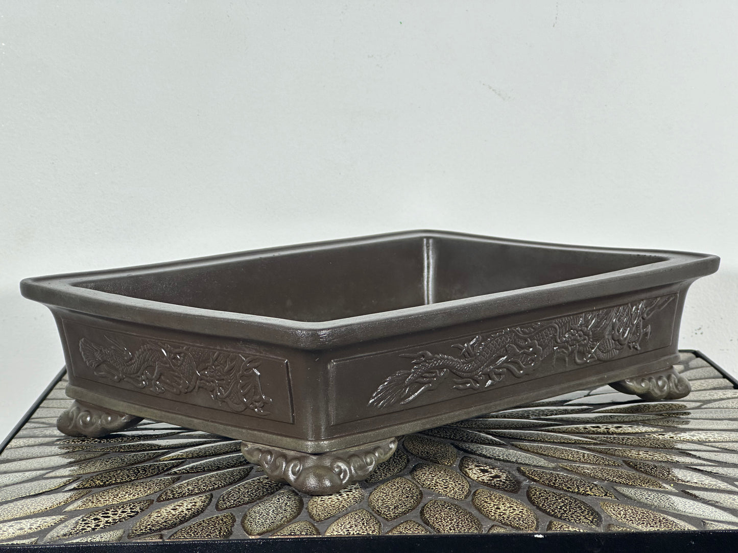 Preowned Japanese Tokoname Rectangular Bonsai Pot with Stamps - 12.5” By 9”